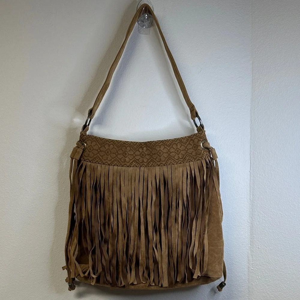 Roxy Faux Suede Tan Fringe Shoulder Boho Bag - Picture 1 of 13